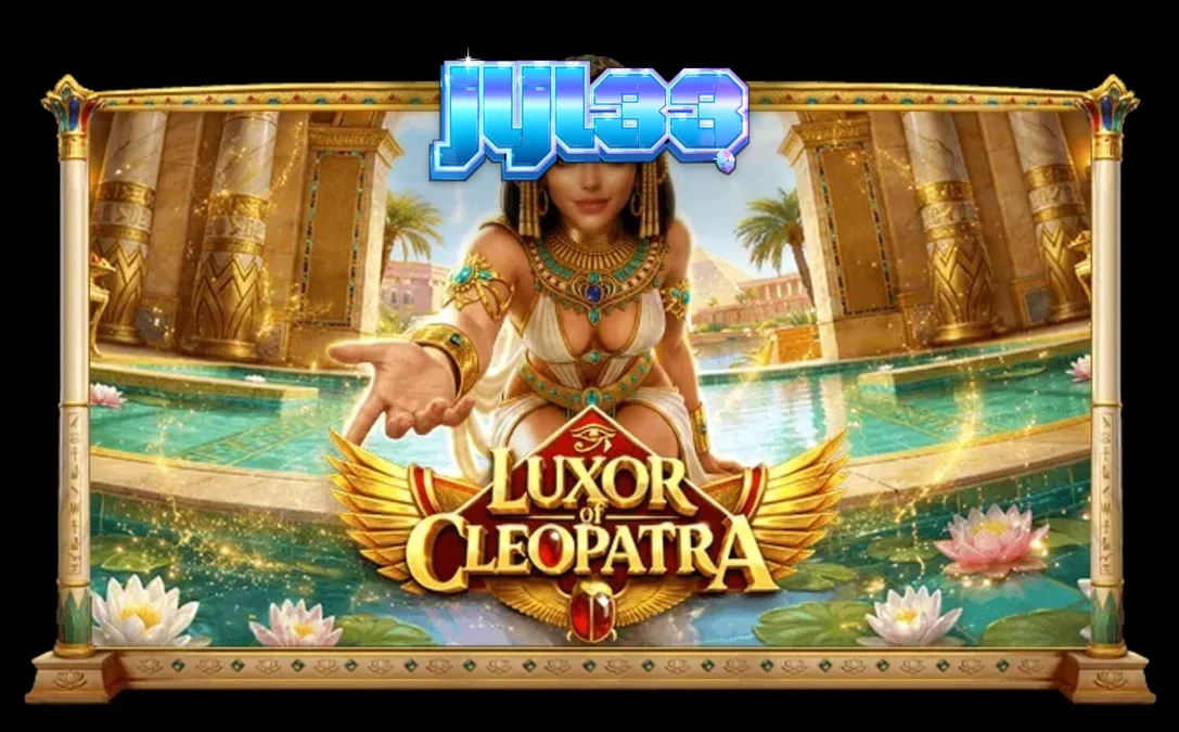 Isang makulay na screen ng Luxor of Cleopatra slot na nagpapakita ng mga gintong simbolo at ang reyna.